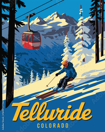 Travel Poster of Telluride Ski Resort, American Winter Landscape Illustrated in Vintage Style, Featuring Snow‑capped Peaks, Skier Silhouette, Classic Typography, Evoking Nostalgic Mountain Adventure.
