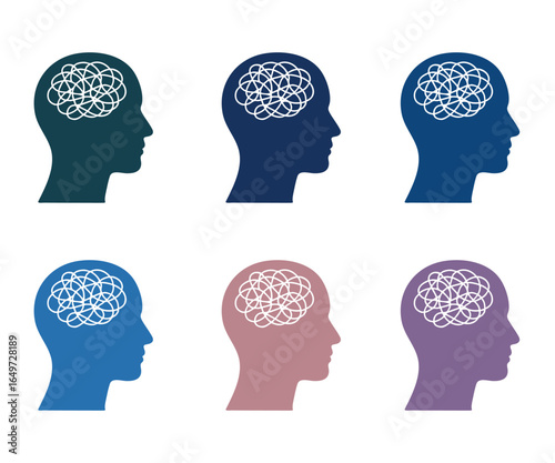 Mental Health Icons, Anxiety and Stress Illustration, Human Mind with Tangled Lines Vector