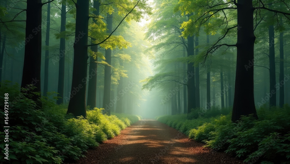 Obraz premium Misty forest path bathed in sunlight.