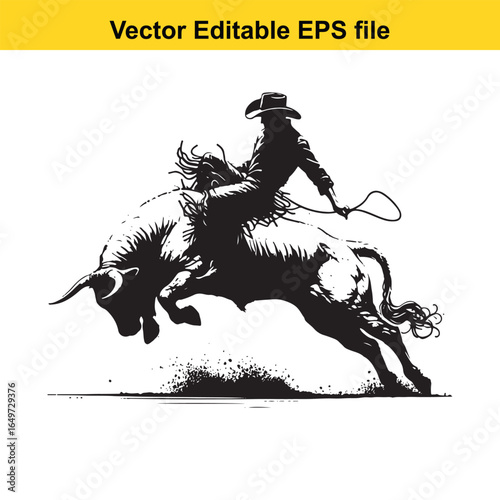 Silhouette of a cowboy riding a bucking bull at a rodeo, isolated on white background