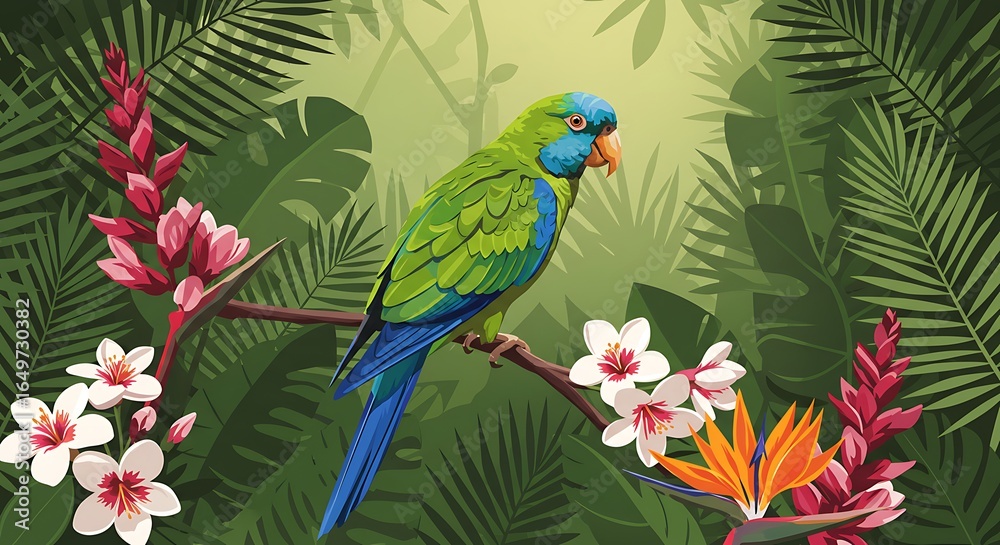 Fototapeta premium Vibrant Green Parrot Perched on Branch Amidst Lush Tropical Foliage and Flowers