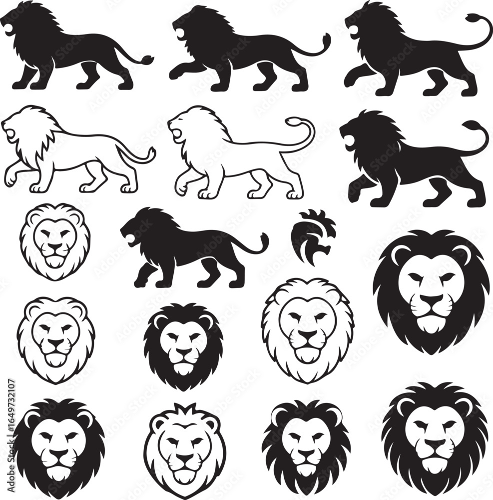 Obraz premium Collection of lion illustrations including full body and head profiles animal wildlife