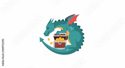 Fantasy Dragon with treasure chest - Cartoon illustration for stories, games, and creative projects.