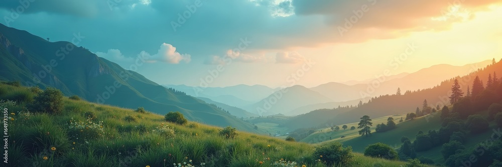 Fototapeta premium A tranquil mountain valley scene at sunset.