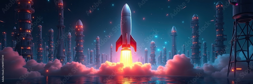 Fototapeta premium Futuristic rocket launch over a city of towering structures.