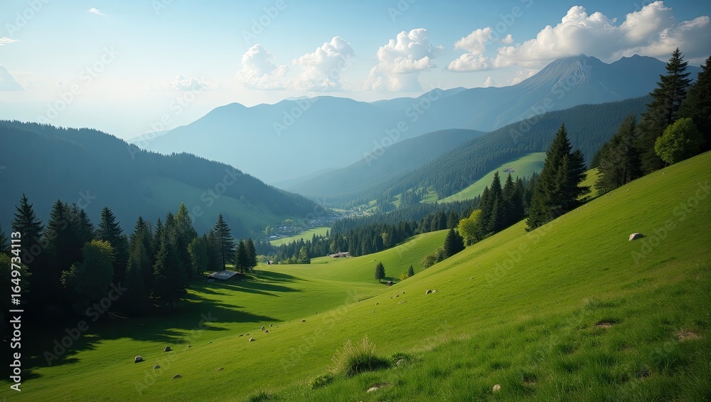 Fototapeta premium Lush green hills sloping gently down to a valley nestled between mountains.
