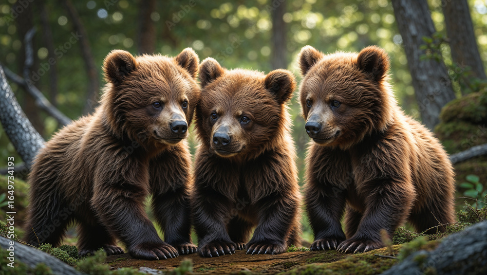 Fototapeta premium Three Adorable Brown Bear Cubs in the Forest