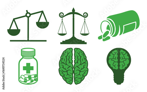 Vector art of a set of six green icons depicting medical and mental health concepts, including scales of justice, pills, and brains, isolated on a white background