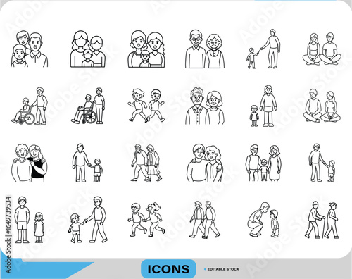 Multigenerational Family Icons, Inclusive Family and Caregiving Icons, Grandparents, Kids, Parents Care Icons, Line Style Vector for Social Medical Use