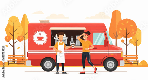 Friendly barista serving a customer from a red coffee truck in an autumn park. Small business and street food concept.