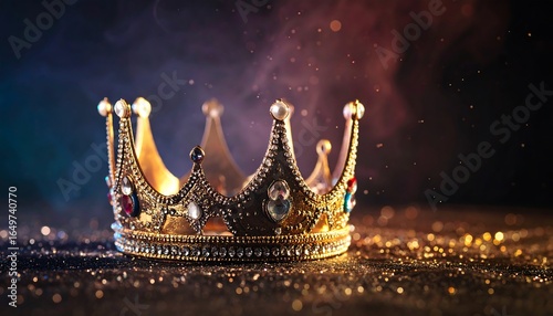 Ornate golden crown resting on a bed of glittering sparkles.