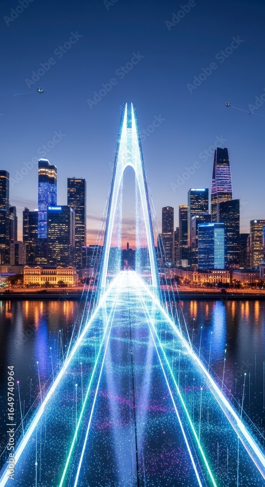 Obraz premium A stunning cityscape at dusk, showcasing a modern bridge illuminated with vibrant lights and a skyline of towering skyscrapers reflecting in the water.