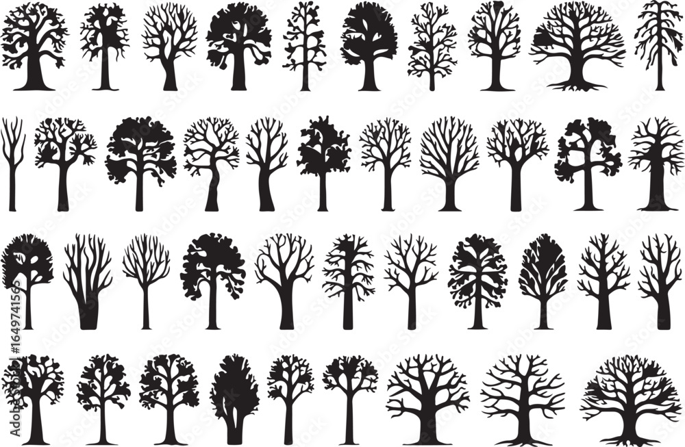 Fototapeta premium Extensive Collection of Tree Silhouettes – Varieties of Tree Designs and Illustrations