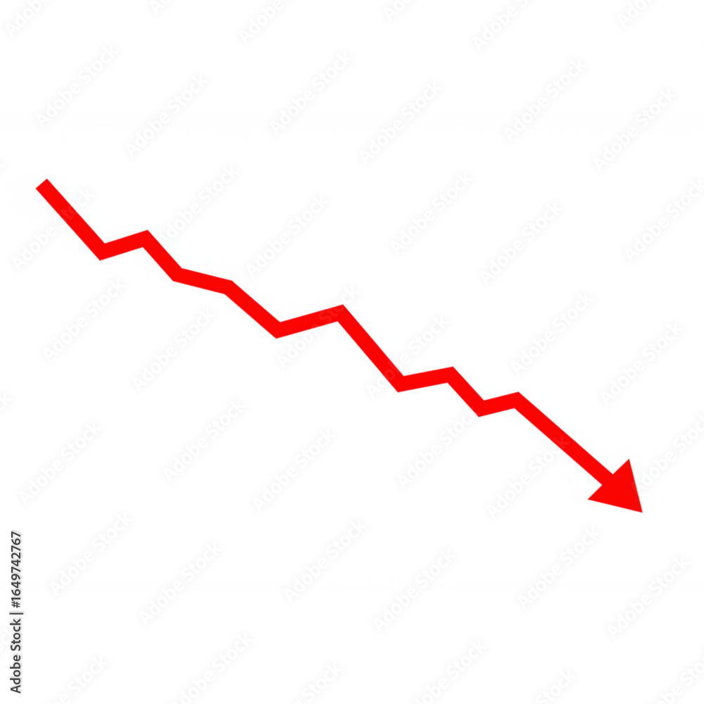 Red downward trend arrow showing economic decline, financial loss, or business failure concept Red downward trend arrow showing economic decline, financial loss, or business failure concept
