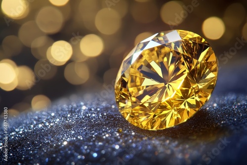 Brilliant yellow diamond sparkling on glittering surface with bokeh lights