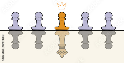 Five pawns, four blue ones and one golden one, standing on a reflective floor, having pawn reflections and the golden pawn having a dashed crown and a chess queen reflection. Concept of potential. 