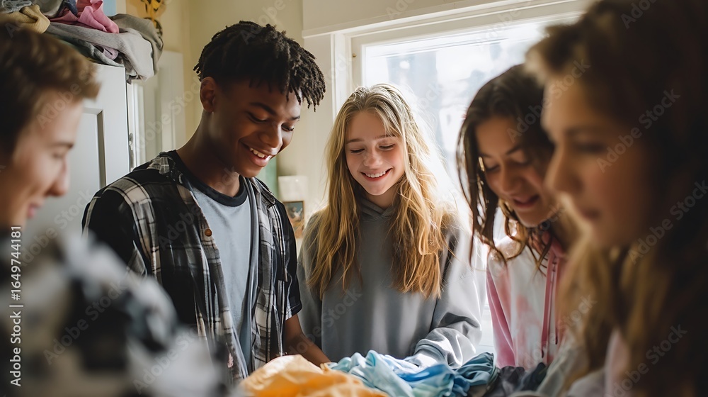 Obraz premium a group of diverse teenagers doing laundry and folding clothes together, natural daylight through window, laughing and bonding, real life moment 