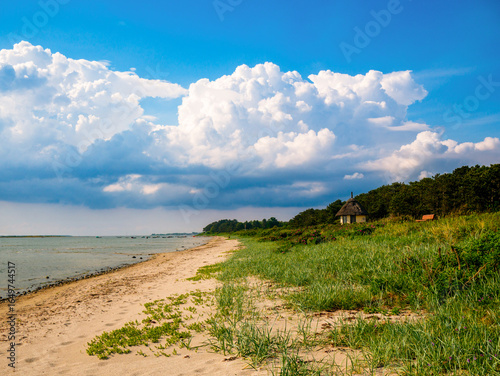 Peaceful beach along Isefjord in Jægerspris, Denmark, with calm waters, grassy sand, a thatched hut, and dramatic clouds under a bright blue sky.