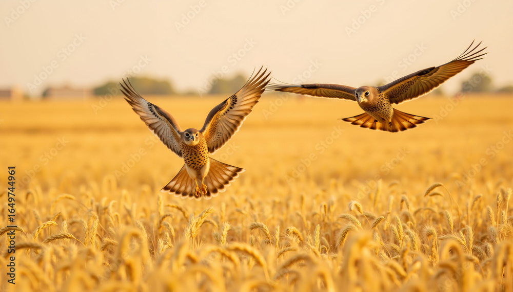 Fototapeta premium Two hawks flying over golden wheat field during sunset 
