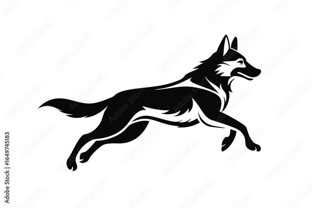 Fototapeta premium Black Silhouette Illustration of a Running Wolf with Stylized Fur Patterns and Body Shape