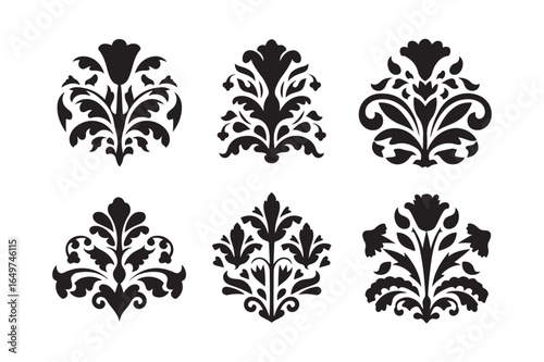 Six ornate black floral damask motifs on white background