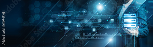 Photos Businessman holding building of hosting services, servers bandwidth uptime cloud infrastructure access configuration security reliability automation performance support platforms