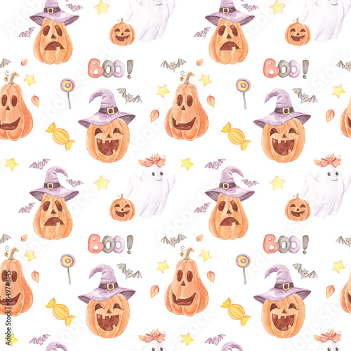 Watercolor Halloween seamless pattern, Orange checkered Pumpkin pattern, Cute Ghost scrapbook paper, Digital Paper, Spooky Backgrounds.Autumn holiday, October 31. Orange, purple. Festive bows.
