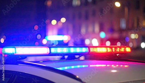 close up of red and blue Emergency responders bright flashing lights at night on police car