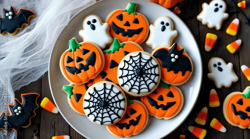 Obraz premium Plate of assorted Halloween cookies decorated as pumpkins, ghosts, spider webs, and bats, surrounded by candy corn on dark wooden table, festive autumn holiday treats
