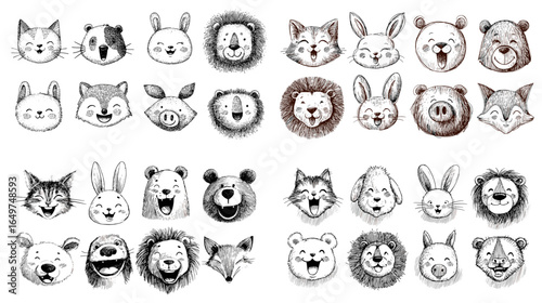 Cute cartoon animal faces illustration set in black and white sketch style. Featuring lion, bear, rabbit, fox, wolf, and woodland creatures for kids and graphic design.