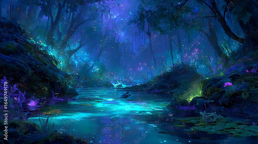Obraz premium dense enchanted forest at night, glowing bioluminescent river flowing through, luminous fish and plants illuminating the scene, magical realism, ultra detailed, ethereal atmosphere 