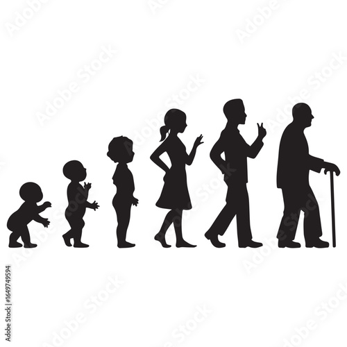 Silhouettes of human life stages from baby to elderly man with cane toddler child 1