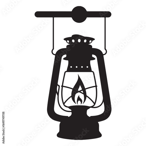 Black silhouette of a vintage oil lantern with a flame oil lamp kerosene lamp