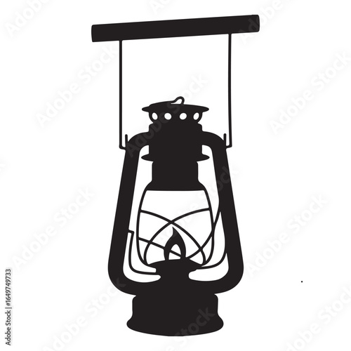 Black silhouette of a vintage kerosene lantern hanging from a bar kerosene lamp oil lamp