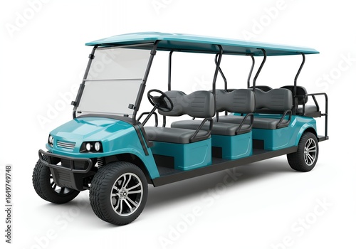 Teal 6 Seater Electric Shuttle Golf Cart with Three Rows of Black Seating, Extended Passenger Vehicle for Group Transportation at Airports Resorts and Theme Parks