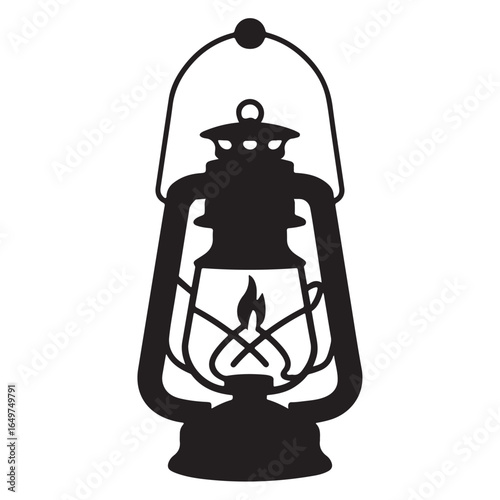 Black silhouette of a vintage kerosene lantern with a lit flame kerosene lamp oil lamp