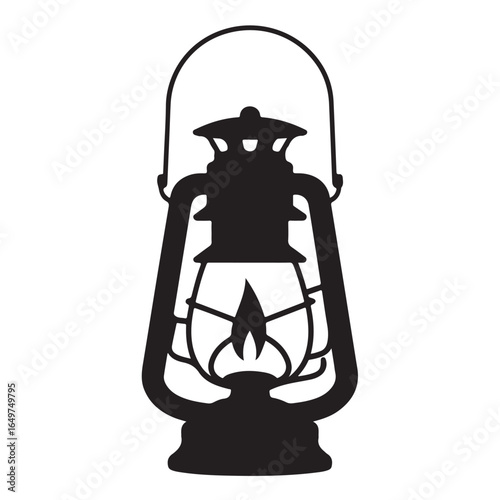 Black silhouette of a vintage kerosene lantern with a flame kerosene lamp oil lamp