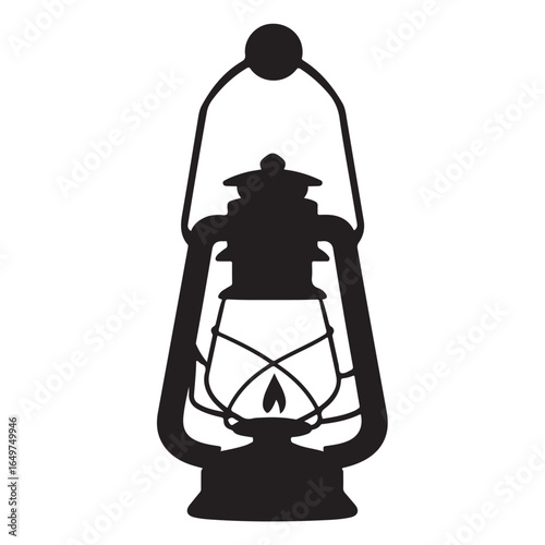 Black silhouette of an old fashioned kerosene lantern with a flame kerosene lamp oil lamp