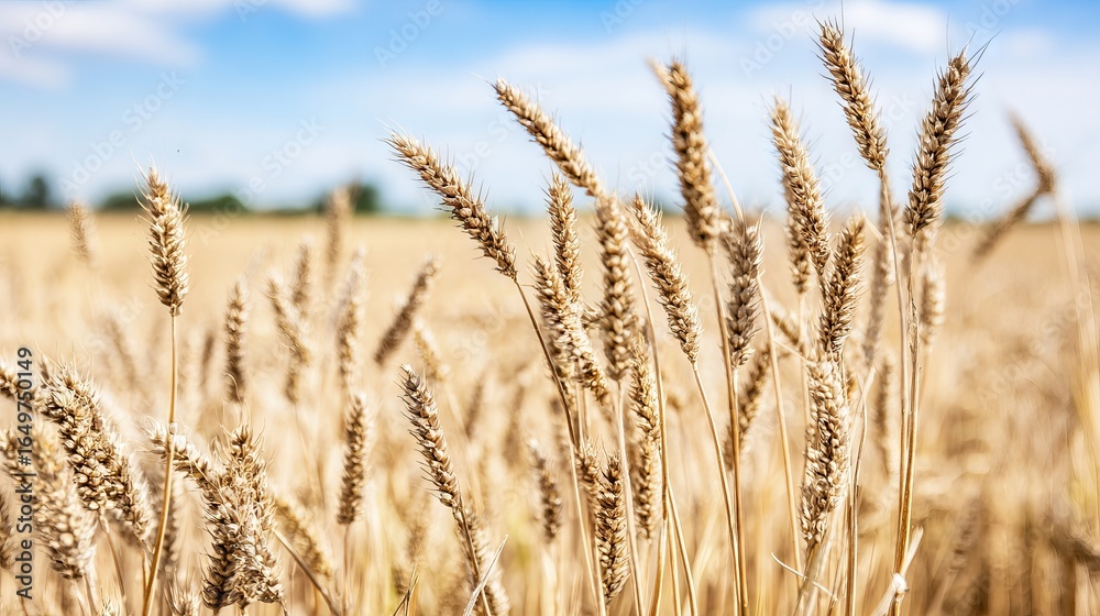 Fototapeta premium Golden wheat field with tall stalks swaying gently in the breeze under a bright blue sky, showcasing the beauty of agricultural landscapes and nature's bounty