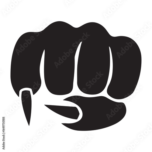 Black silhouette of a clenched fist with a sharp pointed thumb white