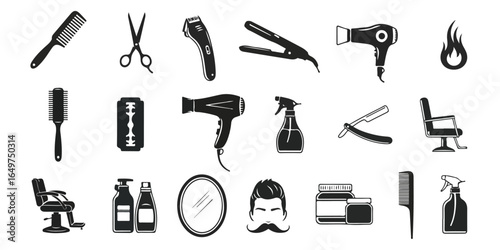 Barber Shop Icon Set – Haircut Tools and Salon Equipment Silhouettes