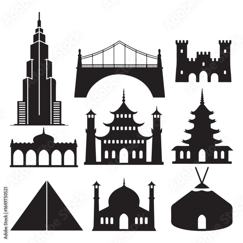 Collection of black silhouette architectural landmarks and structures on white background architecture