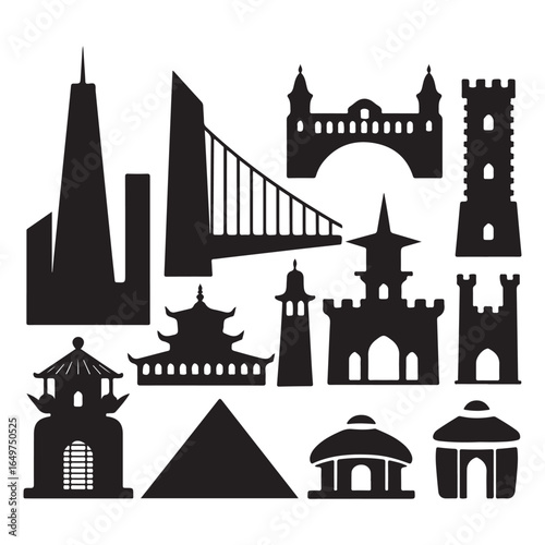 Collection of black architectural silhouettes including skyscrapers bridges castles pagodas and pyramids