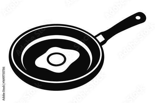 Black and White Vector Graphic Depicting Fried Egg Cooking in a Pan