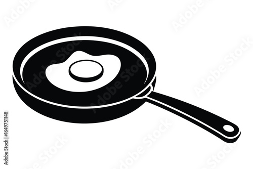 Black and White Silhouette Illustration of a Fried Egg in a Pan with Handle
