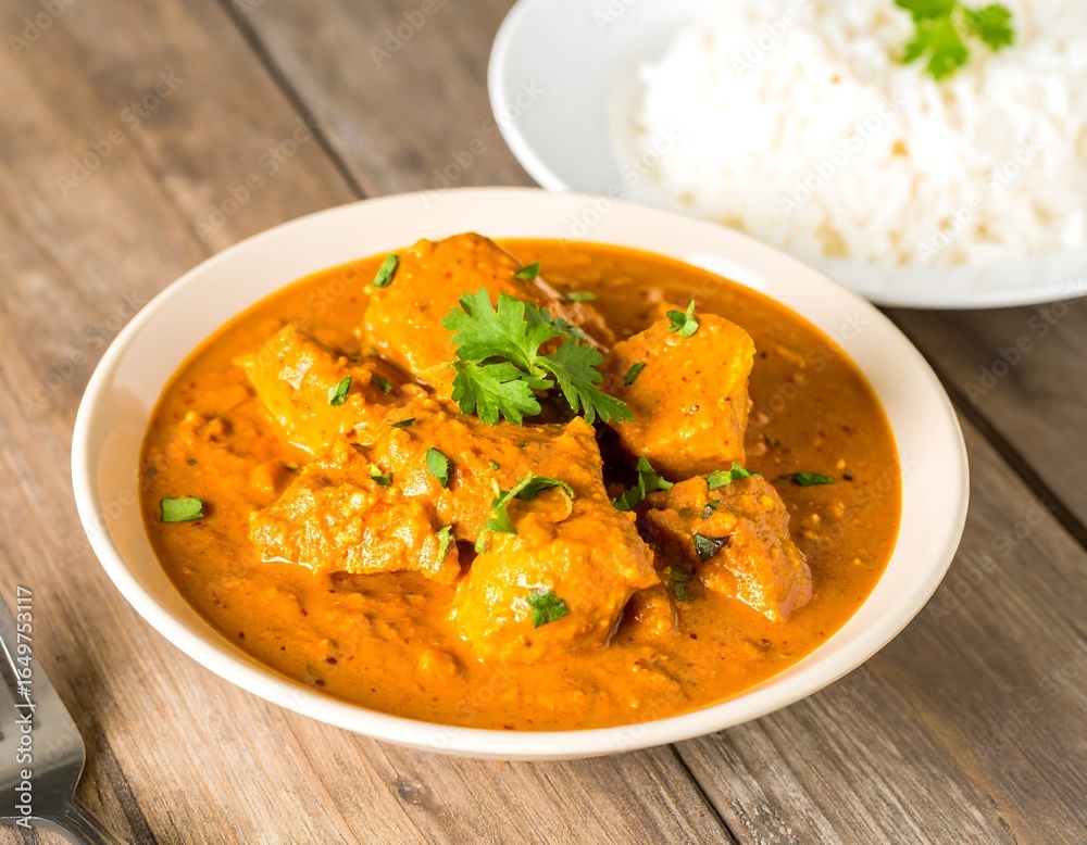Delicious and rich Indian-style chicken curry served in a ceramic bowl on a rustic wooden table, garnished with fresh cilantro, accompanied by fluffy white rice. Delicious and rich Indian-style chicken curry served in a ceramic bowl on a rustic wooden table, garnished with fresh cilantro, accompanied by fluffy white rice.