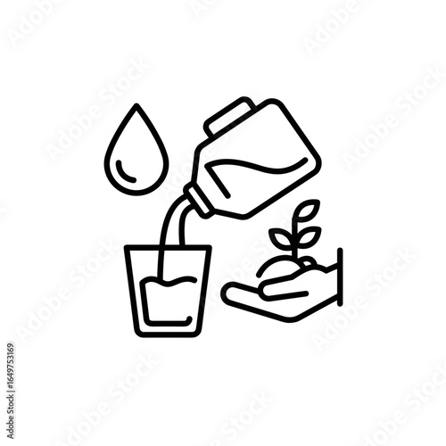 Minimalistic water donation icon featuring a pouring bottle, glass, and plant