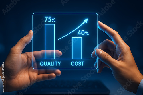 Hands holding transparent digital tablet with business bar chart analytics. Quality versus cost comparison graph, KPI performance metrics, data driven strategy, financial optimization, modern technolo