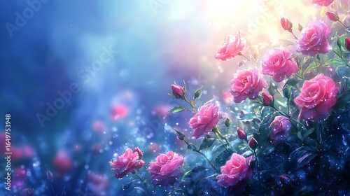 A beautiful rose garden at dawn with dew drops sparkling on the petals, fresh and natural