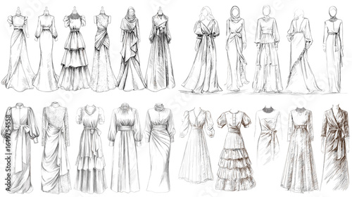 Elegant fashion sketch set of wedding gowns and evening dresses with detailed silhouettes. Hand-drawn illustration for bridal, couture, and fashion design concepts.
